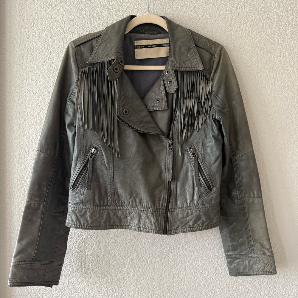 Topshop Gray Fringe Leather Jacket